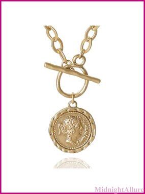 Chunky Coin Pendant Necklace 18K Gold-Tone Plated Toggle Chain 18 In Jewelry